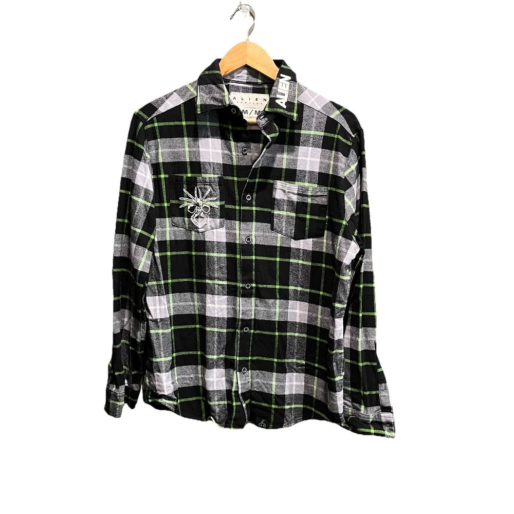 Cakeworthy Alien Romulus Black Plaid Men's Casual Button Down Shirt Size Medium